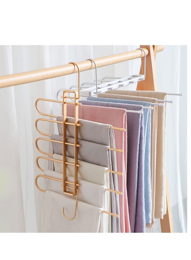 Excefore Magic Pants Hangers, Space Saving Closet Hangers 5 Layers Multi Functional Rack, Solid Metal & Wood Heavy Duty Wardrobe Organizer Racks for Clothes Trousers Scarves Ties (1 Pack Golden)  - Image 1
