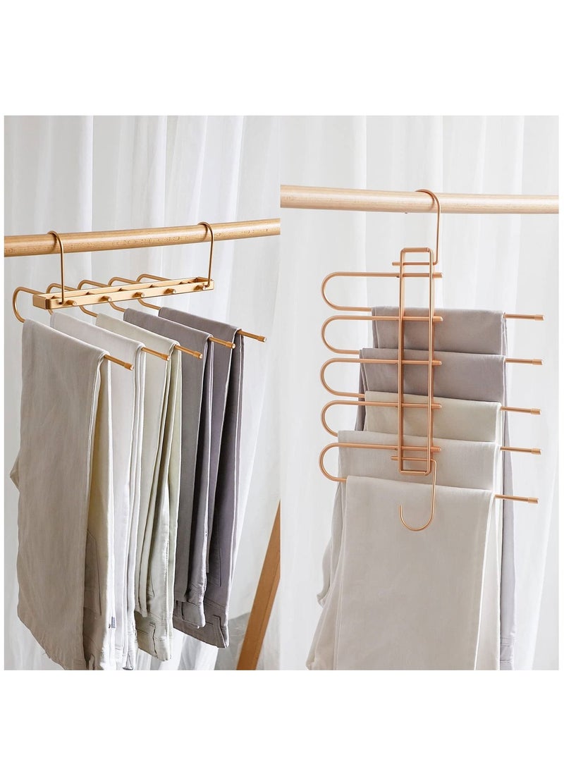 Excefore Magic Pants Hangers, Space Saving Closet Hangers 5 Layers Multi Functional Rack, Solid Metal & Wood Heavy Duty Wardrobe Organizer Racks for Clothes Trousers Scarves Ties (1 Pack Golden)  - Image 2