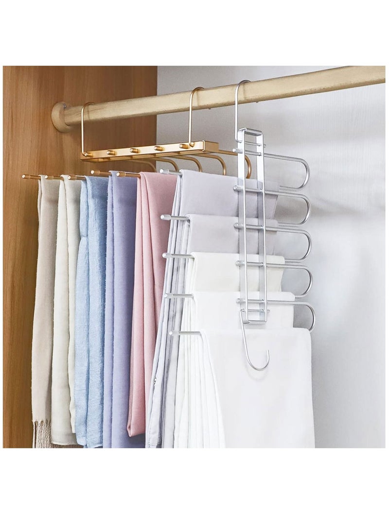 Excefore Magic Pants Hangers, Space Saving Closet Hangers 5 Layers Multi Functional Rack, Solid Metal & Wood Heavy Duty Wardrobe Organizer Racks for Clothes Trousers Scarves Ties (1 Pack Golden)  - Image 4