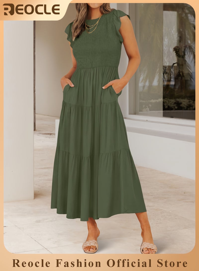 ريوكل فستان نسائي صيفي كاجوال بأكمام قصيرة ورقبة دائرية وخصر مرن وطبقات متوسطة الطول - Image 1