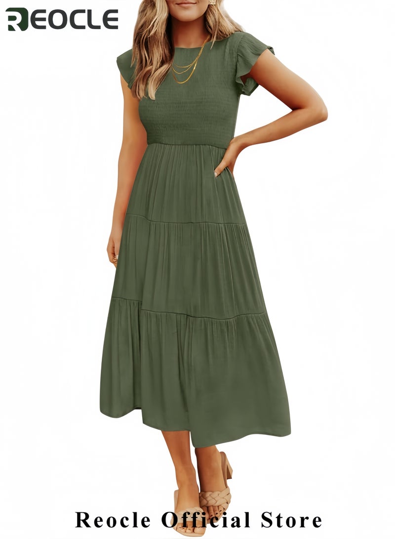 ريوكل فستان نسائي صيفي كاجوال بأكمام قصيرة ورقبة دائرية وخصر مرن وطبقات متوسطة الطول - Image 2