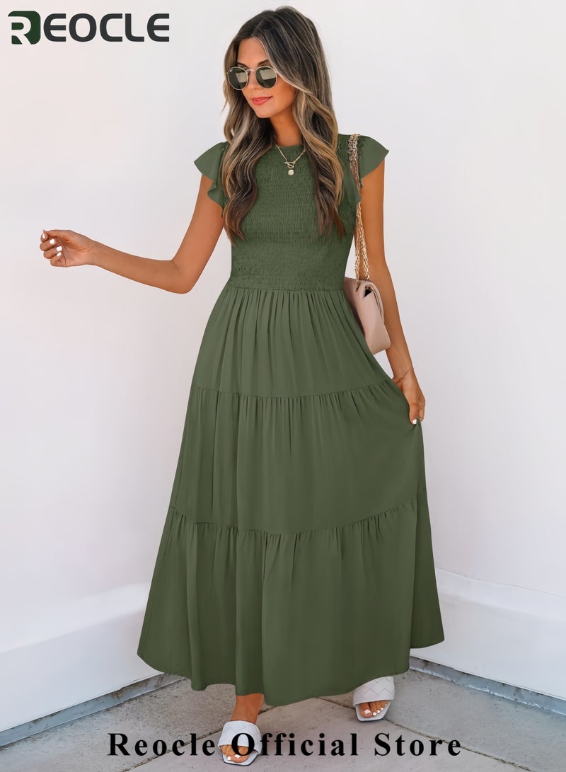 ريوكل فستان نسائي صيفي كاجوال بأكمام قصيرة ورقبة دائرية وخصر مرن وطبقات متوسطة الطول - Image 5