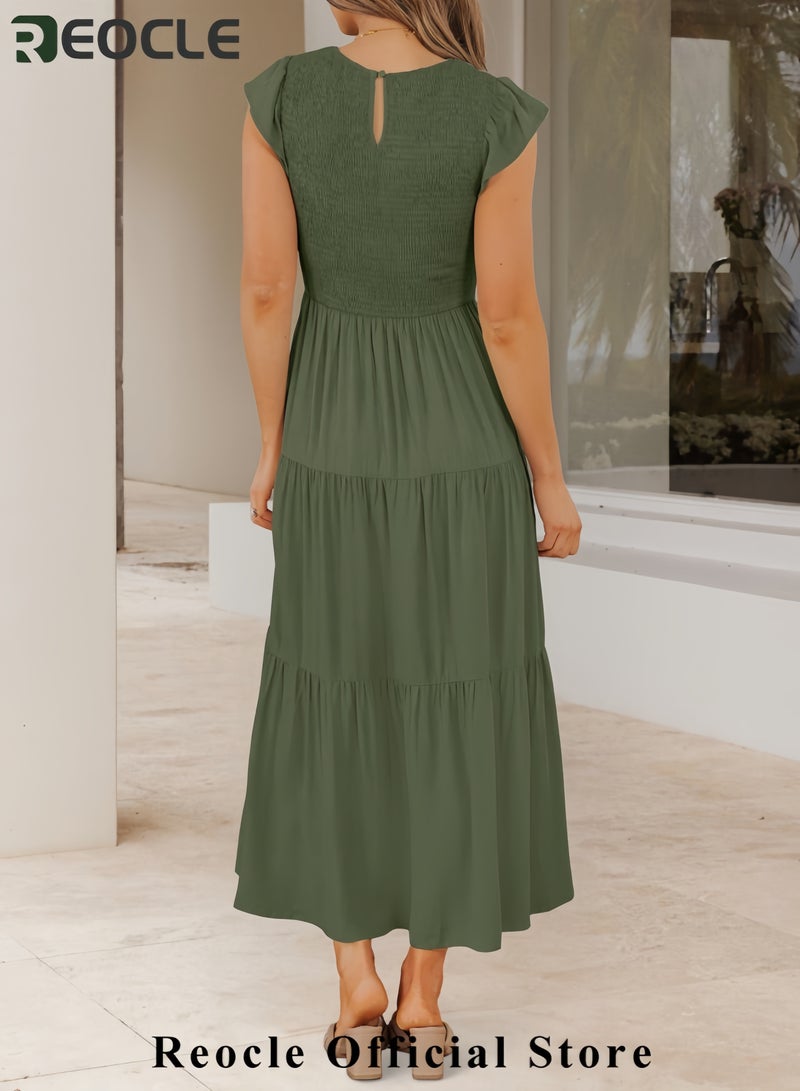 ريوكل فستان نسائي صيفي كاجوال بأكمام قصيرة ورقبة دائرية وخصر مرن وطبقات متوسطة الطول - Image 3