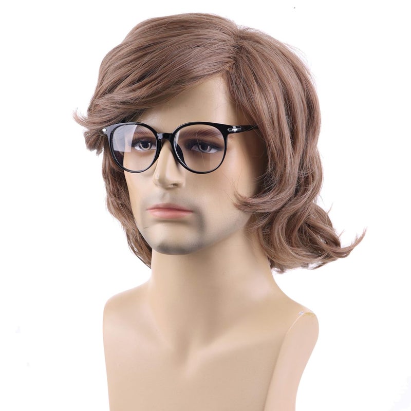 RightOn Shaggy Wig Men Short Wavy Brown Wig 60s 70s Male Rocker Costume Wig for Halloween Cosplay Party Glasses Not Include