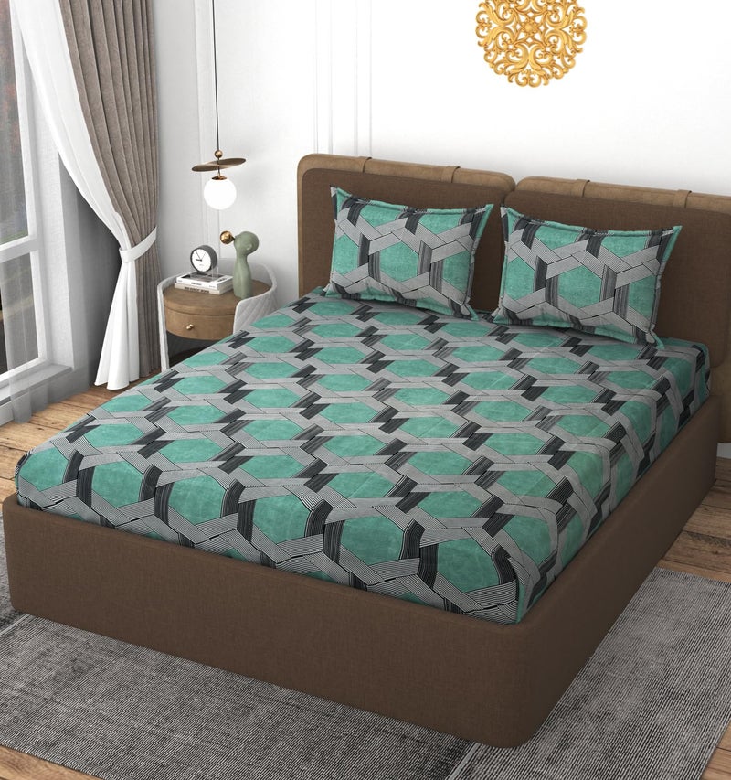 VOMZER 320 TC Cotton Feel All Around Elastic Fitted Bedsheets King Size, Premium Fitted Bedsheets King Size for Double Bed with 2 Pillow Covers, Size- 78” x 72” Green - Image 2