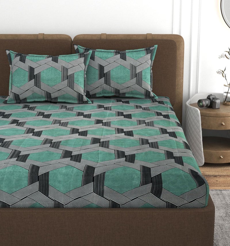 VOMZER 320 TC Cotton Feel All Around Elastic Fitted Bedsheets King Size, Premium Fitted Bedsheets King Size for Double Bed with 2 Pillow Covers, Size- 78” x 72” Green - Image 1
