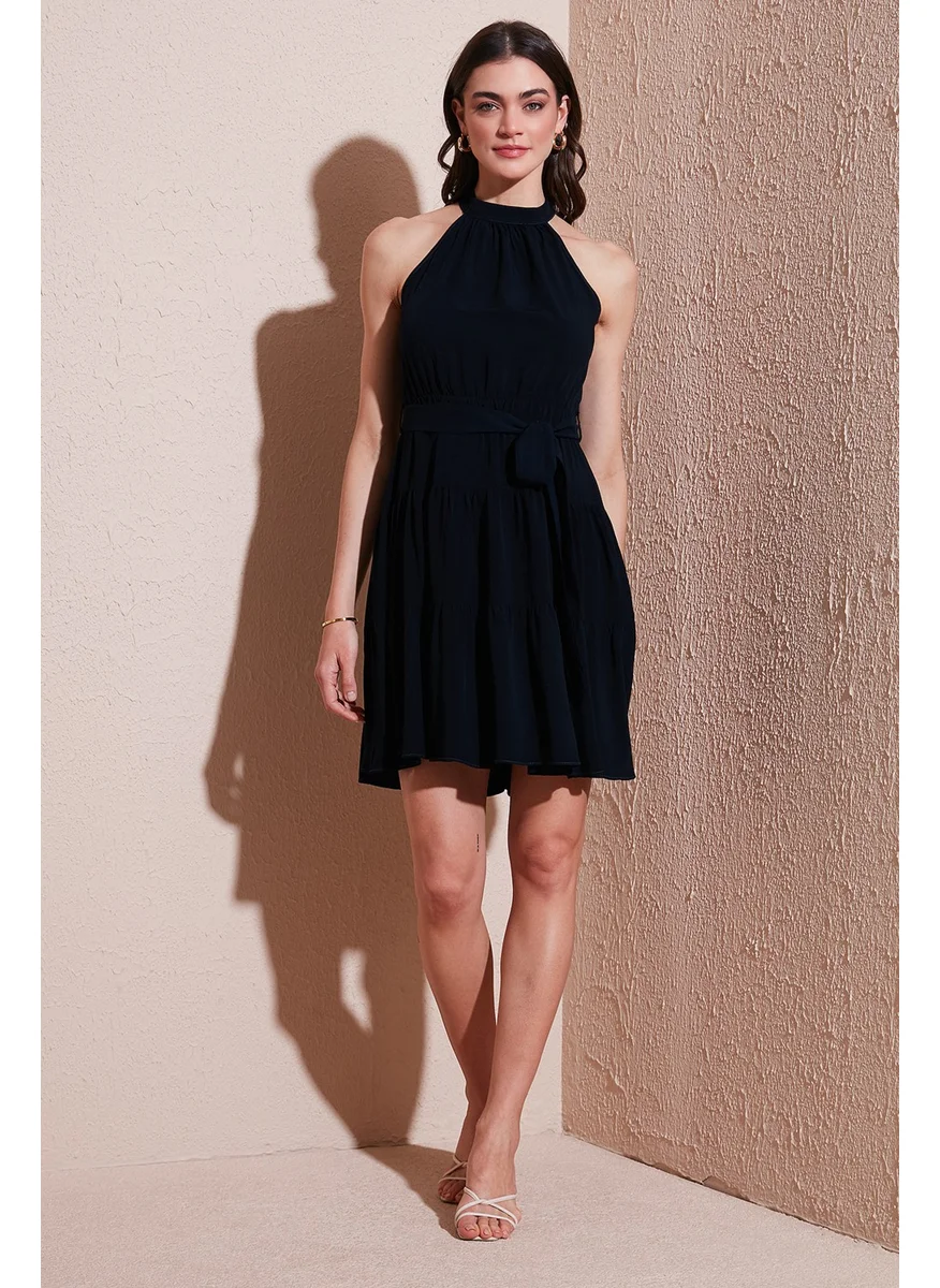 Lela Pleated Regular Fit Halter Neck Mini Length Belted Dress Women's Dress 6772041