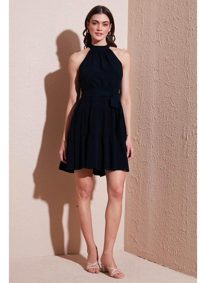 Lela Pleated Regular Fit Halter Neck Mini Length Belted Dress Women's Dress 6772041
