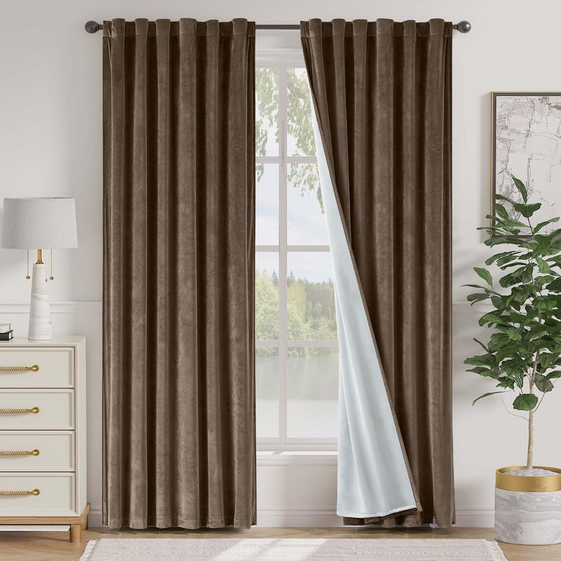Lazzzy Dark Brown Velvet Blackout Curtains 90 Inches Long Thermal Insulated Blackout Curtain Drapes Luxury Back Tab Window Treatments For Bedroom Living Room 2 Panels  52 X 90 Inch  Truffle - Image 1