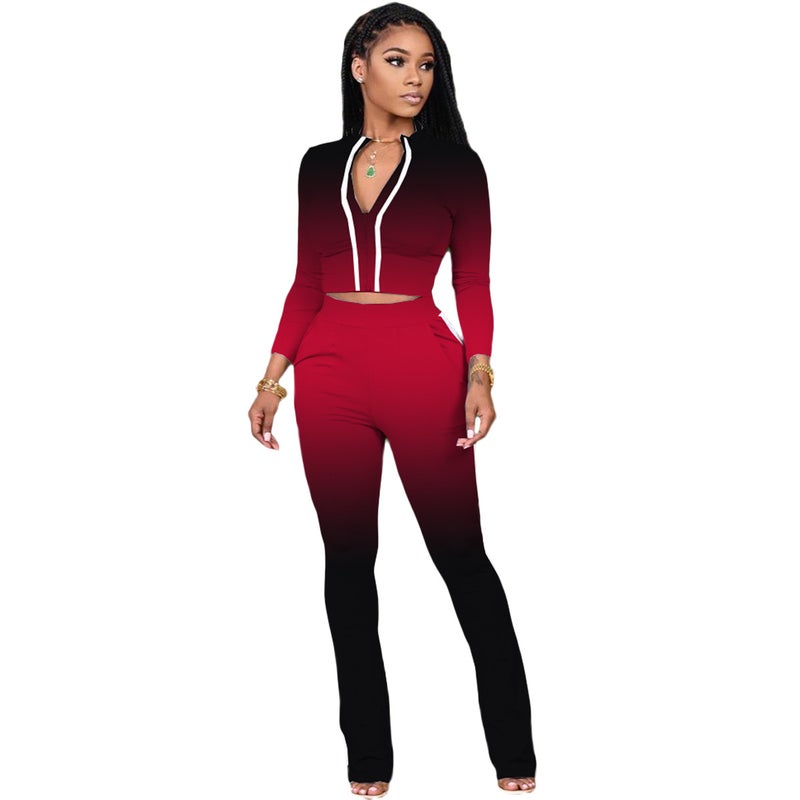 Generic X9267 Cross-border Special for Navel Zipper Sweater Tight Pants Two-piece Sports Suit Autumn and Winter Amazon Explosions Green  - Image 2
