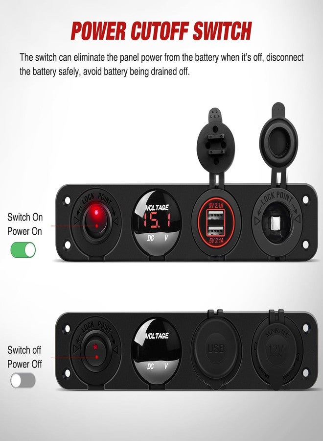 Nilight 4 in 1 ON/Off Charger Socket Panel Dual USB Power Outlet LED Voltmeter Cigarette Lighter Socket Lighted ON Off Rocker Toggle Switch for Truck Car Marine Boats RV,2 Years Warranty - Image 2