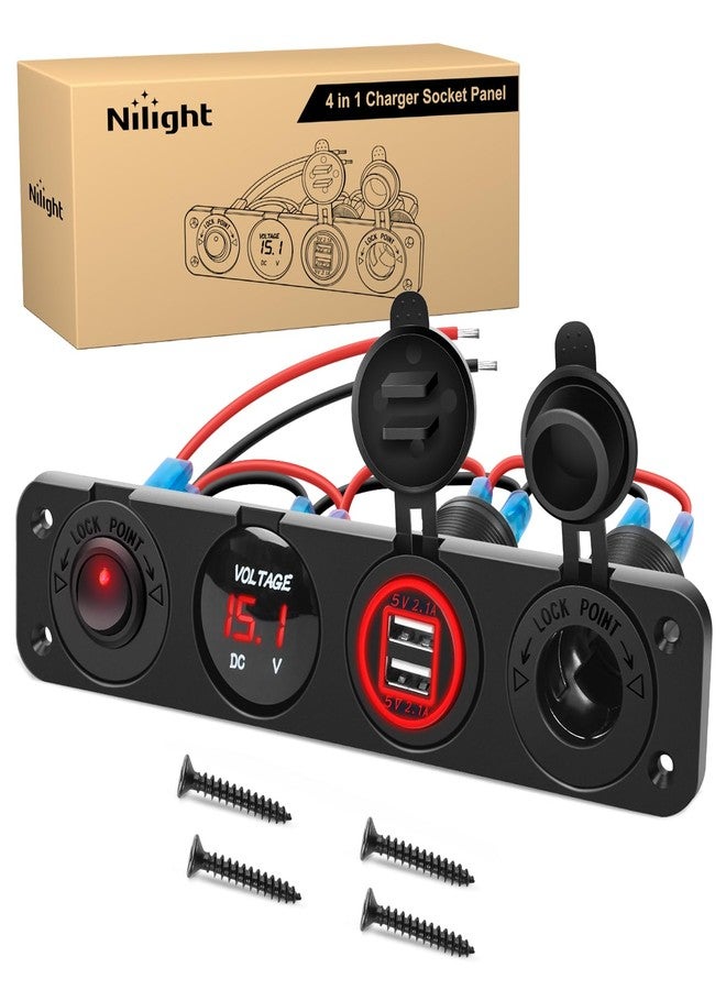 Nilight 4 in 1 ON/Off Charger Socket Panel Dual USB Power Outlet LED Voltmeter Cigarette Lighter Socket Lighted ON Off Rocker Toggle Switch for Truck Car Marine Boats RV,2 Years Warranty - Image 1