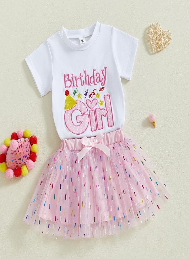 SAYOO Toddler Birthday Girl Outfit Birthday Girl Letter Embroidery Shirt Top Mesh Tutu Donut Skirt Princess Party Skirt Set (A Pink, 3-4T) - Image 2