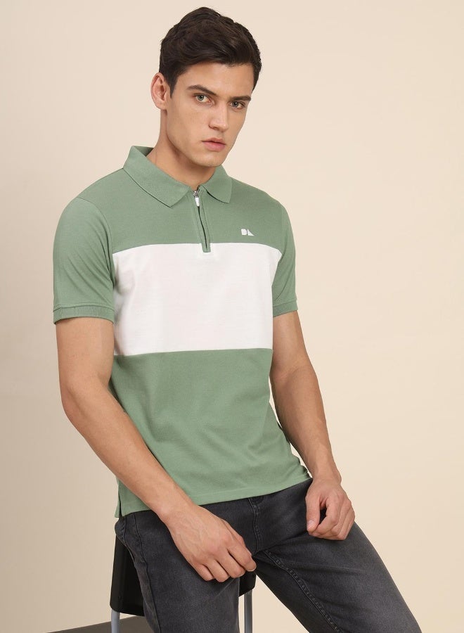 Dennis Lingo Green Colourblocked Regular Fit Polo Neck T-shirt for Men - 100% Cotton, Half Sleeves, Casual,  - Image 3