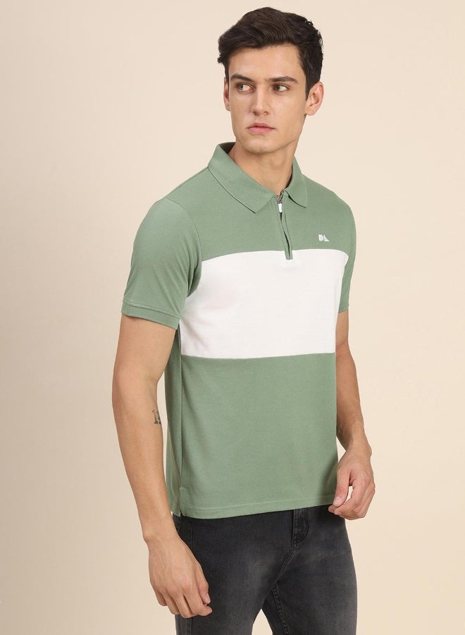 Dennis Lingo Green Colourblocked Regular Fit Polo Neck T-shirt for Men - 100% Cotton, Half Sleeves, Casual,  - Image 1