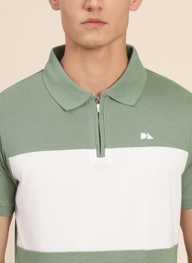 Dennis Lingo Green Colourblocked Regular Fit Polo Neck T-shirt for Men - 100% Cotton, Half Sleeves, Casual,  - Image 2