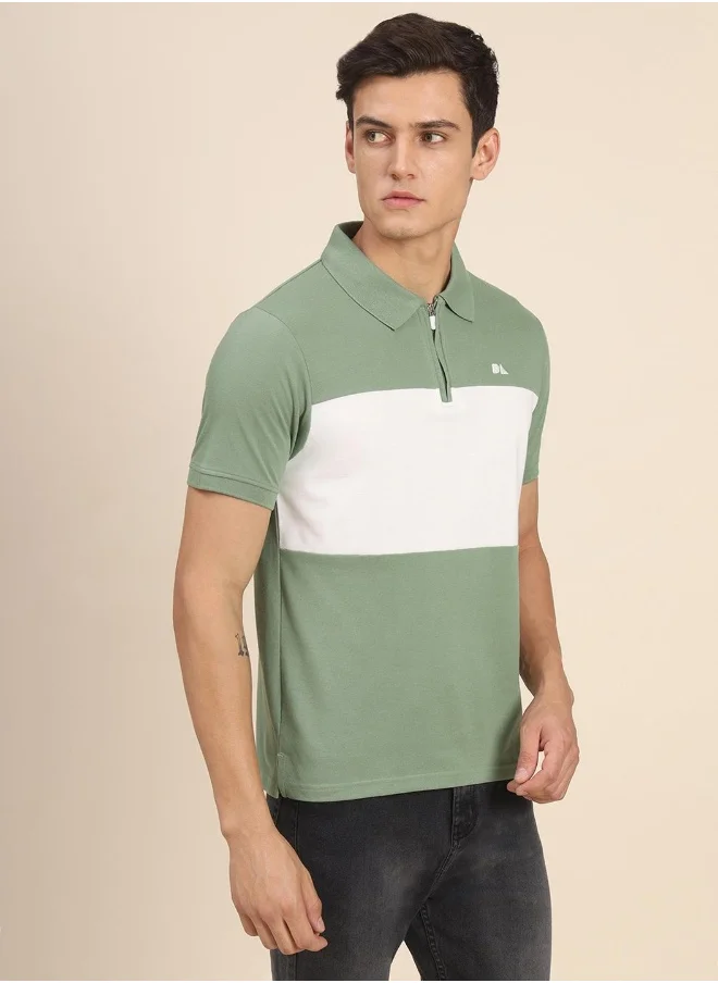 دينيس لينغو Green Colourblocked Regular Fit Polo Neck T-shirt for Men - 100% Cotton, Half Sleeves, Casual