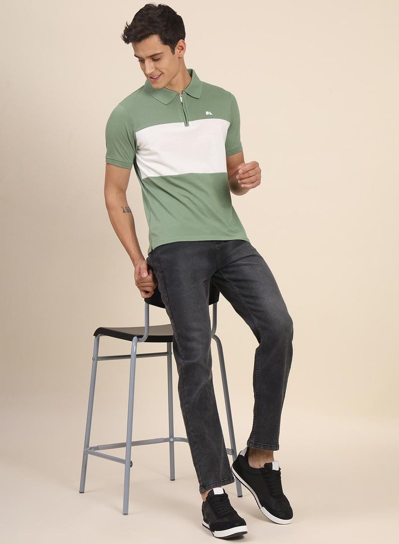 Dennis Lingo Green Colourblocked Regular Fit Polo Neck T-shirt for Men - 100% Cotton, Half Sleeves, Casual,  - Image 4