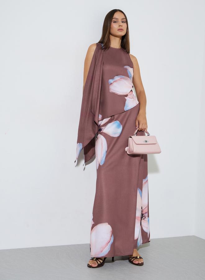 Styli Rust Printed Asymmetric Drape Cowl Neck Knit Top - Image 2