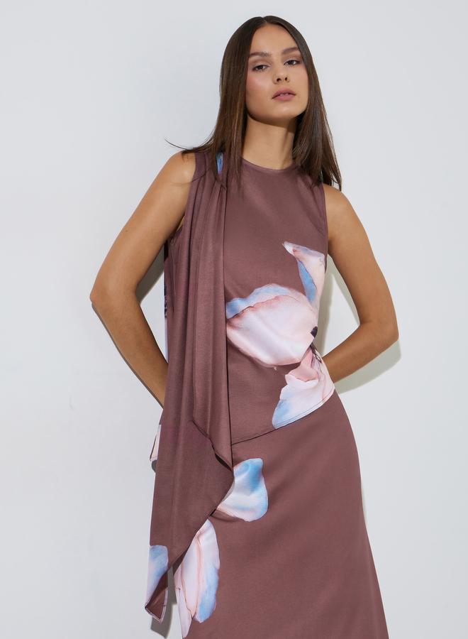 Styli Rust Printed Asymmetric Drape Cowl Neck Knit Top - Image 1
