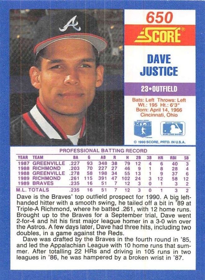 SCORE 1990 Score #650 David Justice Atlanta (RC - Rookie Card) - Image 2