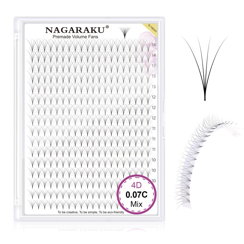NAGARAKU Premade Fans Eyelash Extensions 320 Fans 4D Volume 0.07mm C curl 9-14mm Mix Tray Sharp Narrow Stem Clusters Thin Pointy Base Russian Pre Fanned Fluffy Matte Black - Image 1