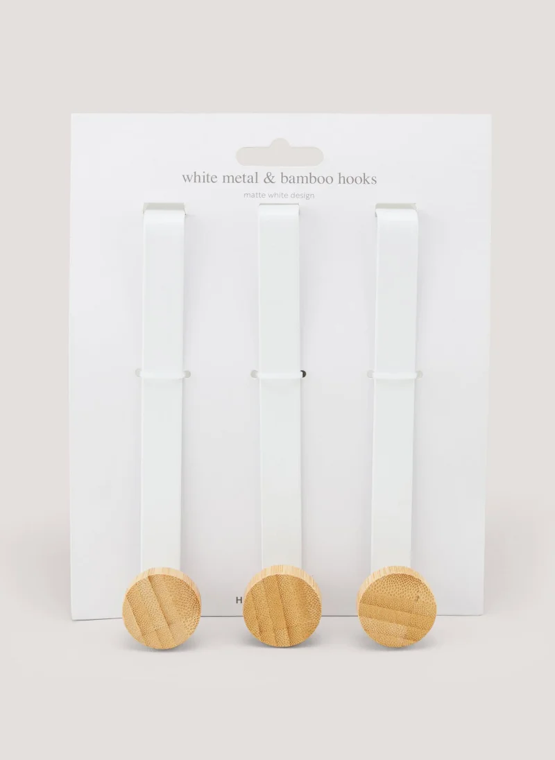 Matalan 3 Pack White Metal & Bamboo Hooks (12cm x 3.5cm x 3cm)