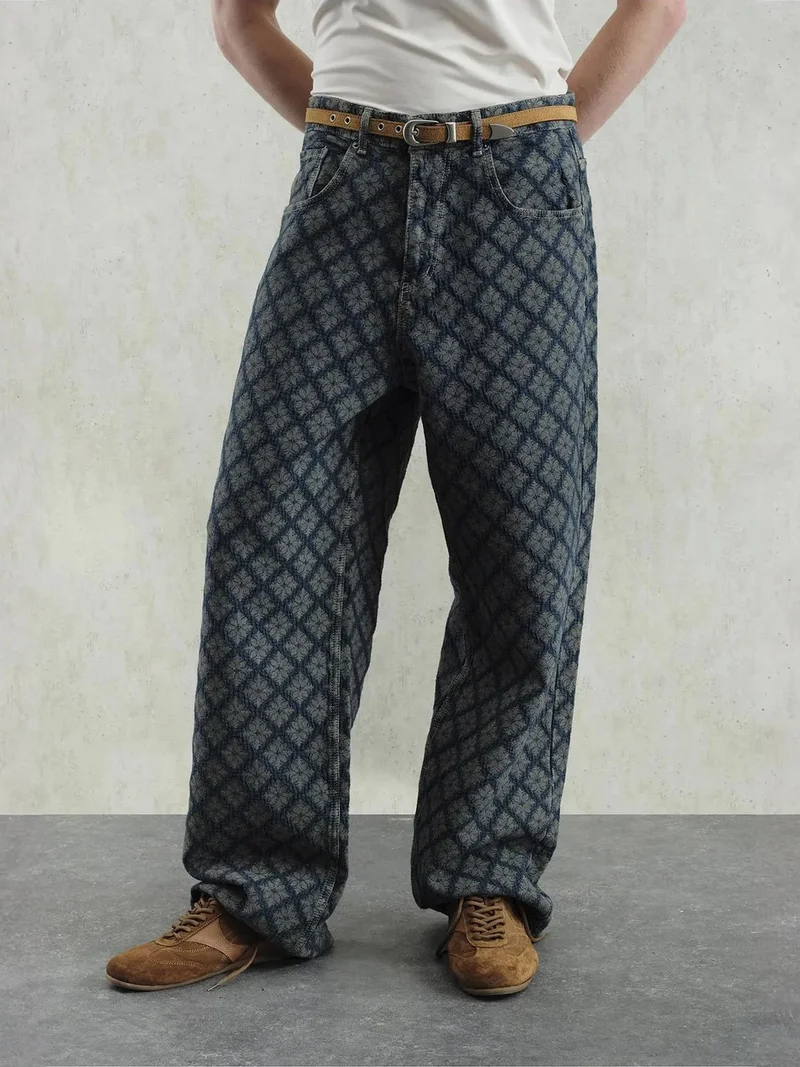 Giesto Navy Blue GIESTO Baggy Fit Printed Denim Jeans for Men | Best Price UAE