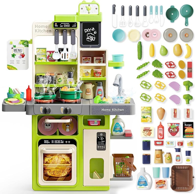 AccLoo Kids Kitchen Playset 63PCS, Pretend Play Kitchen with Sounds and Lights, Cooking Stove Steam, Play Sink and Food, Toy Kitchen Set for Kids ages 3-8, Green - Image 1