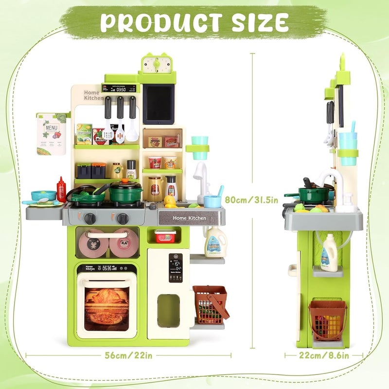 AccLoo Kids Kitchen Playset 63PCS, Pretend Play Kitchen with Sounds and Lights, Cooking Stove Steam, Play Sink and Food, Toy Kitchen Set for Kids ages 3-8, Green - Image 2