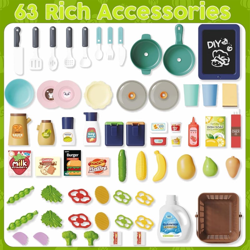 AccLoo Kids Kitchen Playset 63PCS, Pretend Play Kitchen with Sounds and Lights, Cooking Stove Steam, Play Sink and Food, Toy Kitchen Set for Kids ages 3-8, Green - Image 3