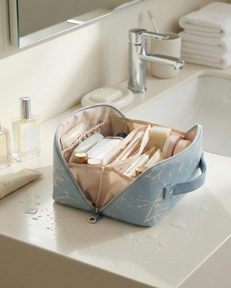 EACHY Travel Makeup Bag, Large Capacity Cosmetic Bags for Women, Waterproof Portable Pouch Open Flat Toiletry Bag Pattern Makeup Bag (F-Blue) - Image 2