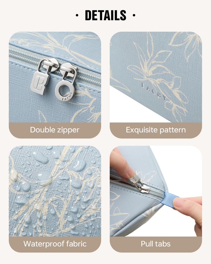 EACHY Travel Makeup Bag, Large Capacity Cosmetic Bags for Women, Waterproof Portable Pouch Open Flat Toiletry Bag Pattern Makeup Bag (F-Blue) - Image 5