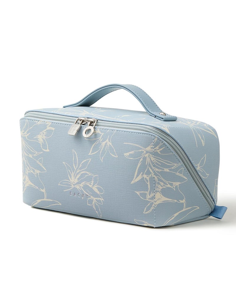 EACHY Travel Makeup Bag, Large Capacity Cosmetic Bags for Women, Waterproof Portable Pouch Open Flat Toiletry Bag Pattern Makeup Bag (F-Blue) - Image 1