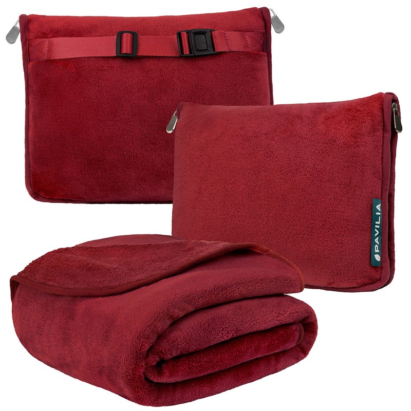 PAVILIA PAVILIA Travel Blanket Pillow Soft Airplane Blanket 2in1 Combo Set Plane Blanket Compact Packable Flight Essentials Car Pillow Travelers Gifts Accessories Luggage Backpack Strap 60x43 Red 