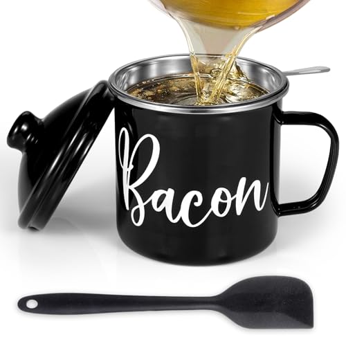 Fondpen Bacon Grease Container with Strainer - with Food-Grade Silicone Spatula, 46oz Large Enamel Rustic Farmhouse Fat Container, Keeper, Recipes, Dishwasher Safe - Image 1