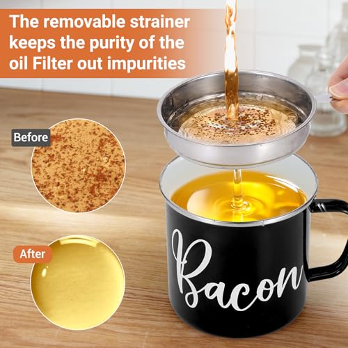 Fondpen Bacon Grease Container with Strainer - with Food-Grade Silicone Spatula, 46oz Large Enamel Rustic Farmhouse Fat Container, Keeper, Recipes, Dishwasher Safe - Image 3