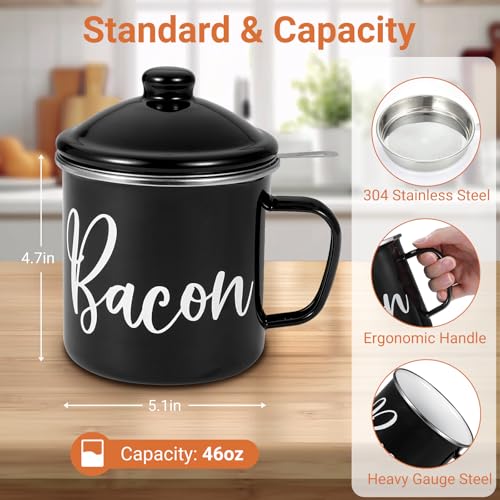 Fondpen Bacon Grease Container with Strainer - with Food-Grade Silicone Spatula, 46oz Large Enamel Rustic Farmhouse Fat Container, Keeper, Recipes, Dishwasher Safe - Image 2