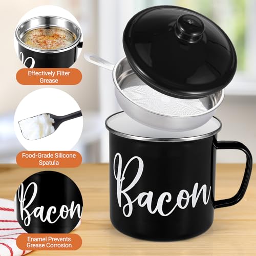 Fondpen Bacon Grease Container with Strainer - with Food-Grade Silicone Spatula, 46oz Large Enamel Rustic Farmhouse Fat Container, Keeper, Recipes, Dishwasher Safe - Image 4