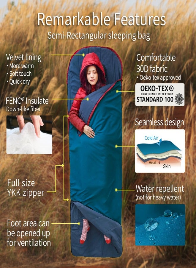 Litume 27F/ 41F Lightweight Ultra Comfort Velour Fleece Sleeping Bag, Water Repelling Sleep Sack for Warm and Cold Weather, Seamless Bags for Camping (27F/ 8x14) Rust red/Teal Blue - Image 3