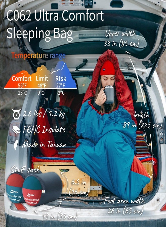 Litume 27F/ 41F Lightweight Ultra Comfort Velour Fleece Sleeping Bag, Water Repelling Sleep Sack for Warm and Cold Weather, Seamless Bags for Camping (27F/ 8x14) Rust red/Teal Blue - Image 2