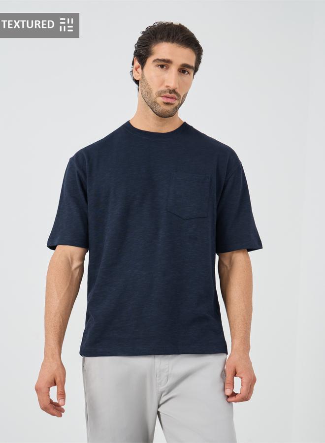 Styli Crew Neck Textured Oversized T-Shirt with Chest Pocket - Image 1
