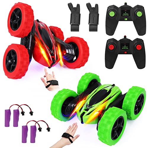 Lumiparty 2PACK RC Stunt Car Watch Gesture Sensor Car 4WD Double Sided 360 Degree Rotating Tumbling Rechargeable Car High Speed 24GHZ Off Road Hobby RC Toy Cars for Xmas Birthday Gift AdultsKids GreenRed - Image 1