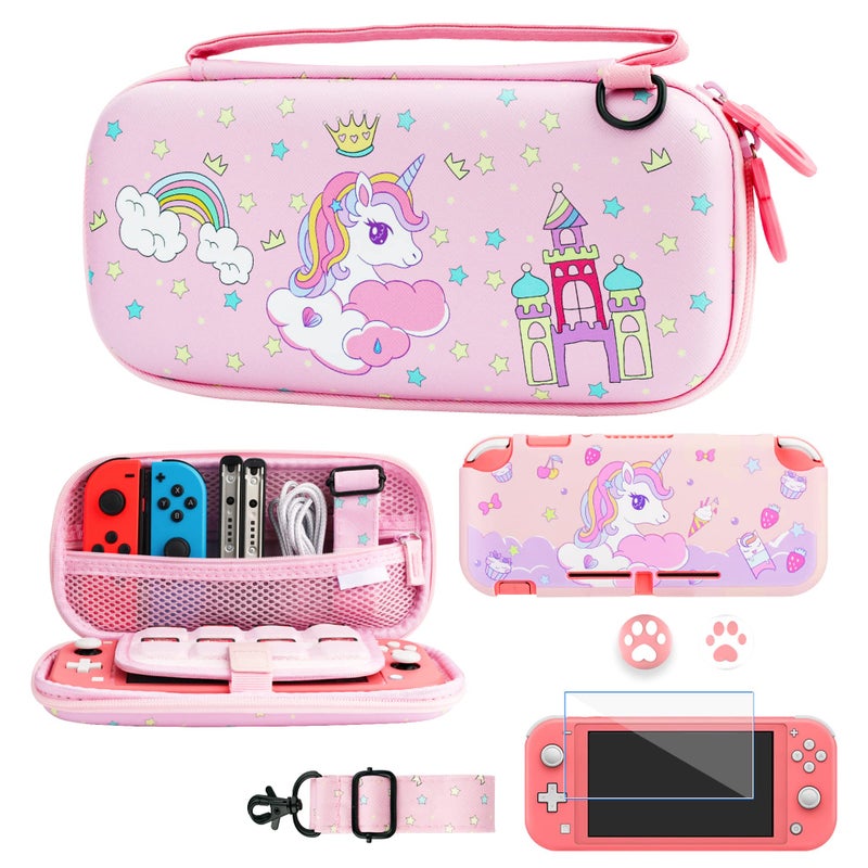 GLDRAM Cute of Unicorn Carrying Case for Nintendo Switch Lite Pink Travel Case Accessories Bundle with Soft TPU Swicth Lite Skin Cover HD Screen Protector Thumb Caps and Shoulder Strap for Girls