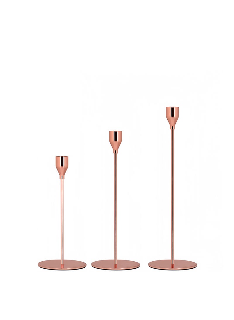 مجموعة حاملات الشموع من 3 قطع للشموع المدببة، حامل شموع مزخرف لحفلات الزفاف والعشاء والحفلات والملابس، شمعة سميكة 3/4 بوصة (حامل شموع معدني) (ذهبي وردي) - Image 3