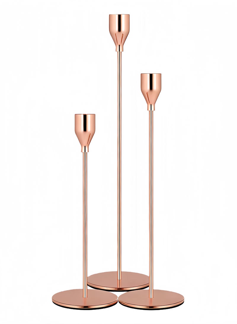 مجموعة حاملات الشموع من 3 قطع للشموع المدببة، حامل شموع مزخرف لحفلات الزفاف والعشاء والحفلات والملابس، شمعة سميكة 3/4 بوصة (حامل شموع معدني) (ذهبي وردي) - Image 1