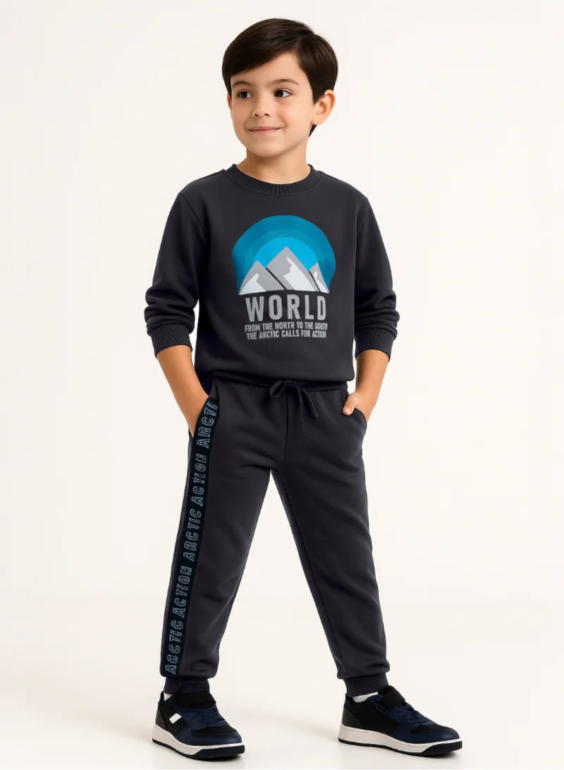victor and jane Boys’ Adventure Graphic Sweatshirt &amp; Joggers – Charcoal Grey Fleece Set