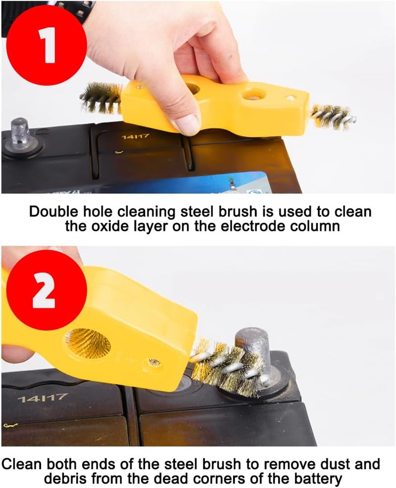 BELOMI 2PCS Car Battery Terminal Cleaning Brush, 4 in 1 Rustproof Battery Cleaner Tool with Steel Wire, Auto Universal Interior and Exterior Battery Terminals Machine Parts（Yellow） - Image 5