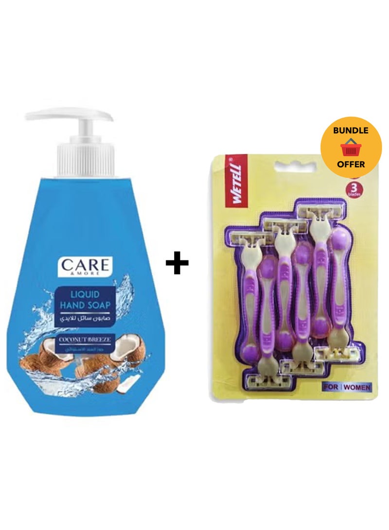 كير & مور صابون سائل لليدين برائحة جوز الهند الاستوائي ٥٢٠ مل، ومجموعة شفرات حلاقة نسائية للاستخدام مرة واحدة، ٦ قطع، ٣ شفرات دقيقة مع شريط ترطيب مُحسّن، رأس دائري دوار، تصميم شفرة مفتوحة ومقبض مريح لحلاقة ناعمة ومريحة. - Image 1