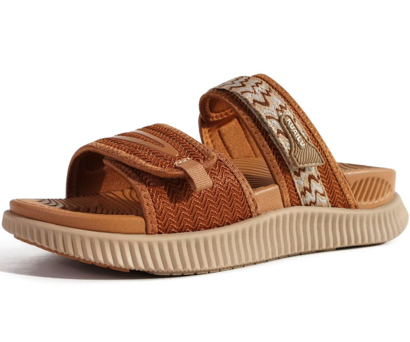 KuaiLu Womens Orthotic Slides Athletic Thick Cushion Recovery Sandals Adjustable Open Toe Slip On Yoga Mat Walking Ladies Sport Sandles Comfortable Plantar Fasciitis Arch Support Tan Khaki Size 9 - Image 1